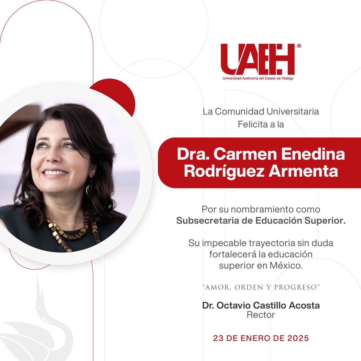Felicidades Dra. Carmen Enedina Rodríguez Armenta por su nombramiento como Subsecretaria de Educación Superior en <a href="/SEP_mx/">SEP México</a>
Los universitarios de la Autónoma Hidalguense celebramos esta designación, convencidos de que su trayectoria fortalecerá la educación superior en México.