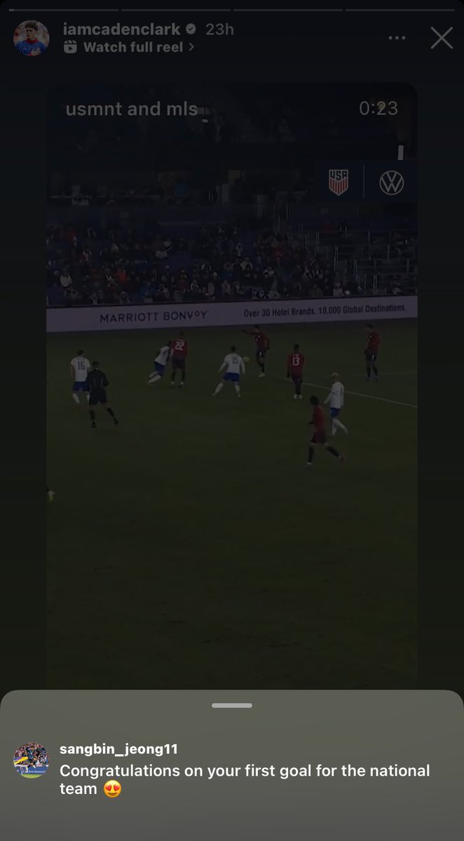 mnufcnews's tweet photo. Sang Bin Jeong commenting under Caden Clark’s Instagram story after scoring his first US goal last night 🙌💙 https://t.co/EKec3hdehB