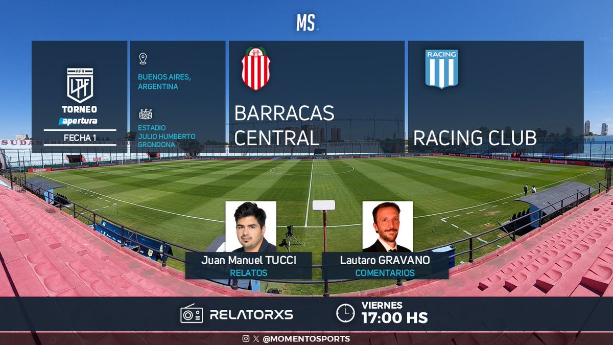 MomentoSports's tweet photo. ⚽ #TorneoApertura 🇦🇷 | #BarracasCentral vs. #Racing 
🎙 Relator: @juanmatucci 
🎙 Comentarista: @lautarogravano 
💻📱 @Relatoresconvos https://t.co/pxVGFdWGMM