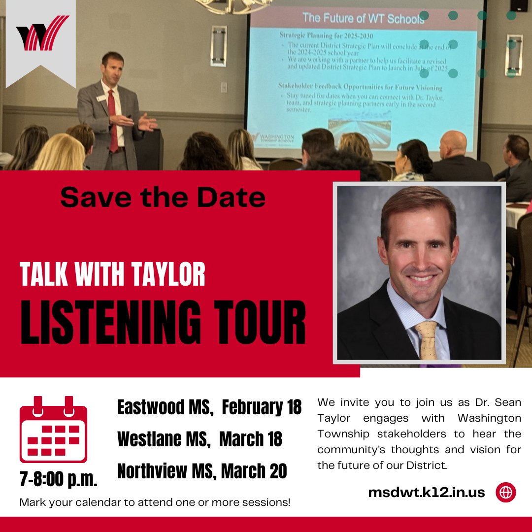 We invite you to join us as Dr. Sean Taylor engages with WTS stakeholders to hear the community’s thoughts and vision for the future of our District. Select one of the three date options below! #WhyWT