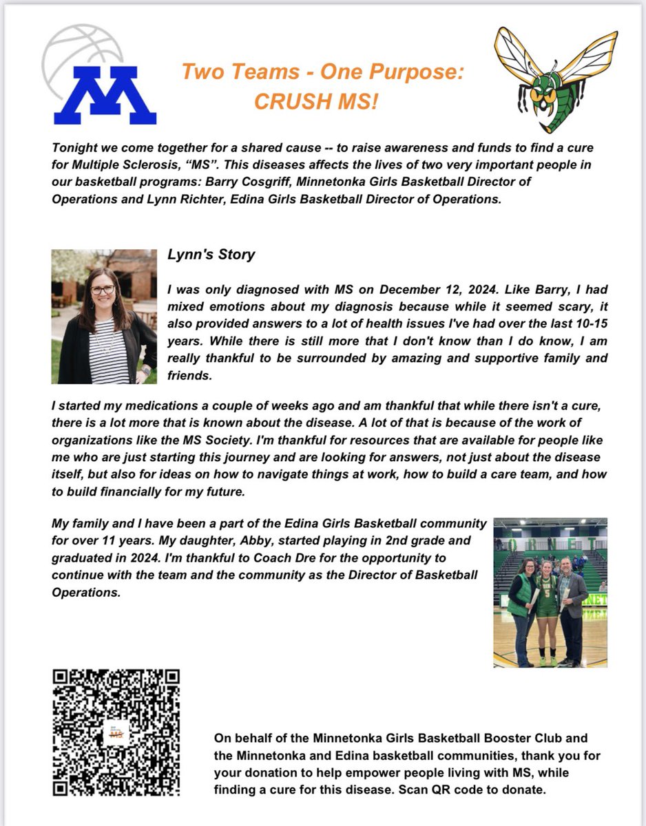 Tomorrow night we will compete against the Minnetonka Skippers. We love the competition of the game but it’s bigger than basketball. Join us to support Lynn and Barry in the battle against MS (Multiple Sclerosis)