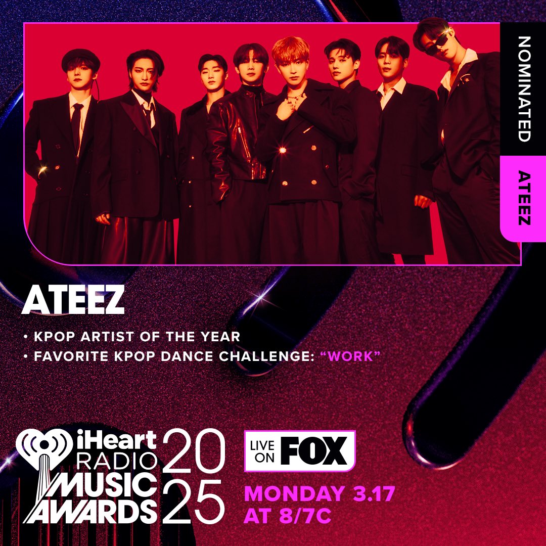 [📢] #iHeartRadio Music Awards Voting Guide
⠀⠀
📅 Voting Period
~ 2025.03.10 (PST)
⠀⠀
🔗 iHeartRadio.com/Awards
⠀⠀
✅ Favorite KPOP Dance Challenge
⠀⠀
ATINY, looking forward to your support and votes🔥
⠀⠀
#ATEEZ #에이티즈
#iHeartAwards
