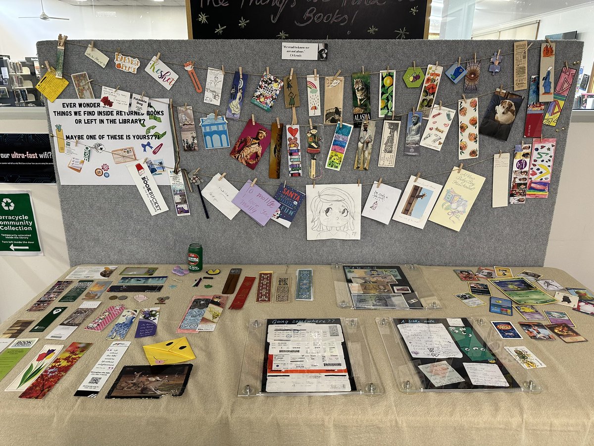 My fabulous little local library has put a display of ‘bookmarks’ they e found in returned books. Cash. Notes to the tooth fairy. Origami. Birthday cards. What an absolute delight.
