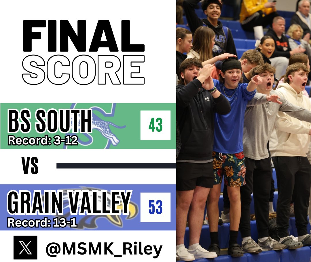 🏀Girls Basketball🏀
Final Score

Blue Springs South - 43
Grain Valley - 53

<a href="/BSSGirlsBball/">BSS Girls Basketball</a> <a href="/girls_gvhoops/">GV Girls Basketball</a> @metrosports_mk