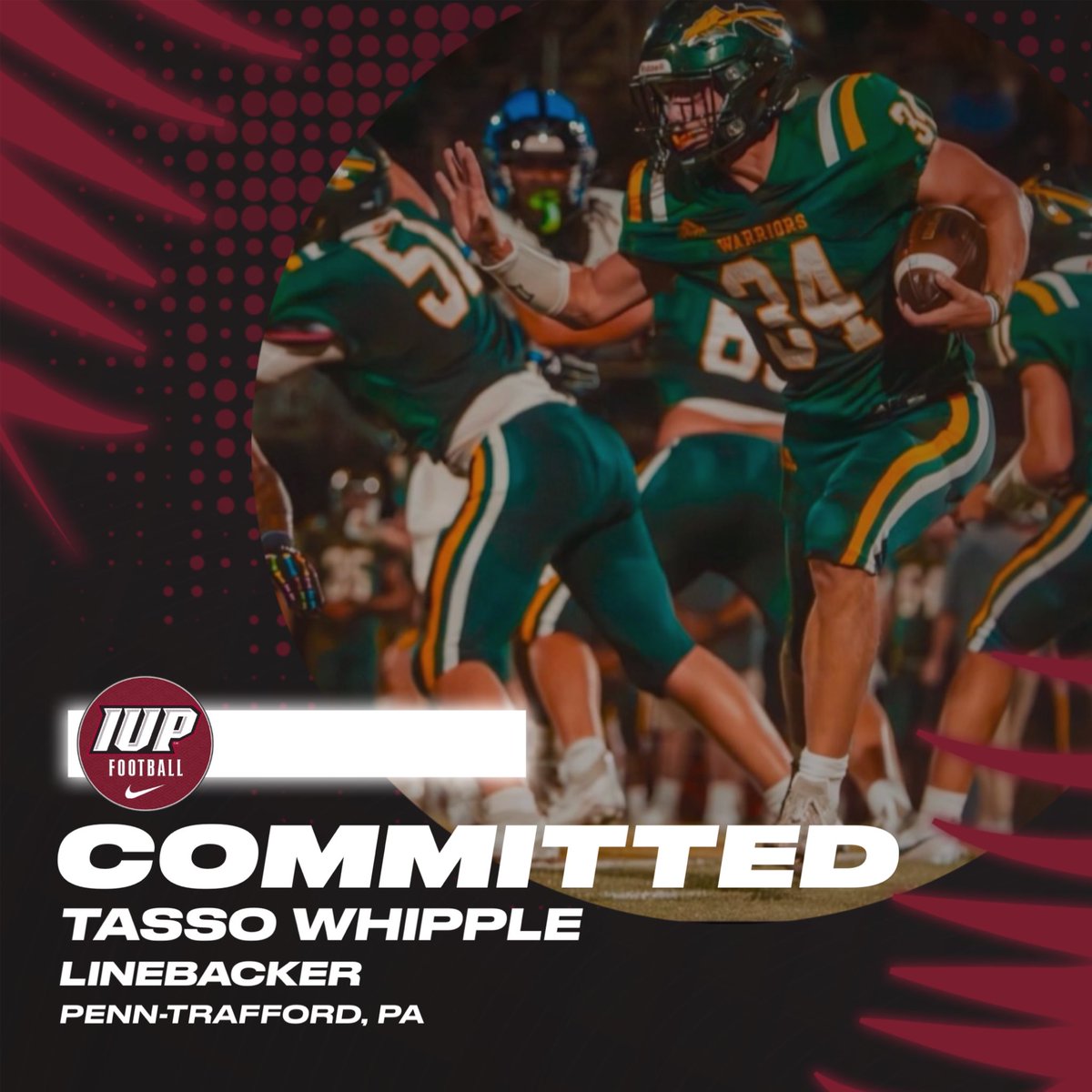 Tasso whipple (@tasso_whipple) on Twitter photo I am very happy to announce that after this long journey, I have committed to IUP. Thank you to the IUP coaching staff, and everyone that helped me through this journey!!
<a href="/ptwarriorfb/">PennTraffordFootball</a>
<a href="/PTWarriors/">Penn-Trafford Athletics</a> I am very happy to announce that after this long journey, I have committed to IUP. Thank you to the IUP coaching staff, and everyone that helped me through this journey!!
<a href="/ptwarriorfb/">PennTraffordFootball</a>
<a href="/PTWarriors/">Penn-Trafford Athletics</a>