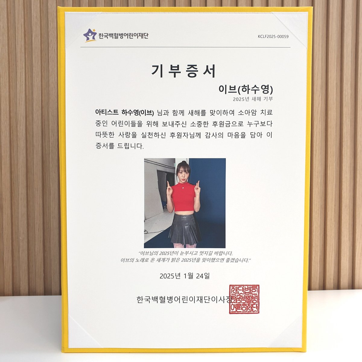 “이브의 노래로 온 세계가 밝은 2025년을 맞이했으면 좋겠습니다.
하수영(이브) 님과 함께 맞이한 새해를 기념하여 팬께서 소아암 어린이를 위한 후원금 전달
#Yves #이브 #하수영
#이달의소녀 #PAIXPERMIL #파익스퍼밀
#소아암어린이기부 #한국백혈병어린이재단
<a href="/Yves___official/">Yves</a>
<a href="/_PAIXPERMIL/">PAIX PER MIL</a>