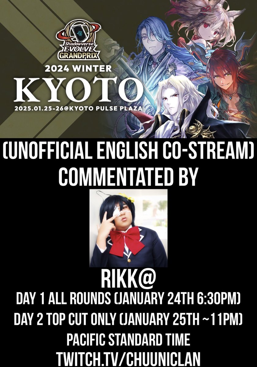 ChuuniClan's tweet photo. The first Shadowverse Evolve Grand Prix tournament of this year is tomorrow and @RikkaTCG is BACK with his unofficial English commentary co-stream/watch party!

Come watch the action tomorrow at 6:30pm PST &amp; then the Top Cut on Saturday at around 11pm PST on Chuuni Clan’s Twitch. https://t.co/cfQx506BUY