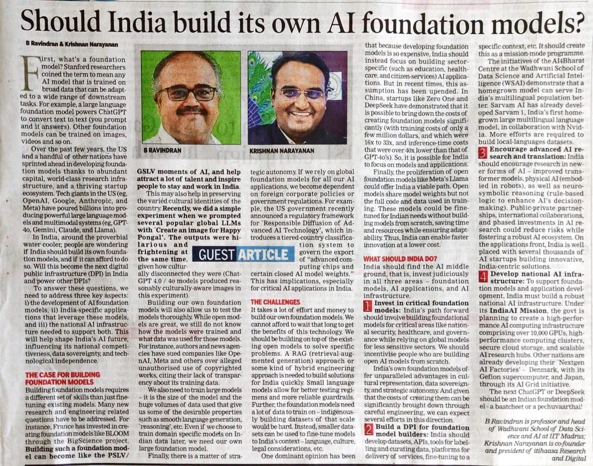 kris gopalakrishnan (@kris_sg) on Twitter photo We need to build our own foundation models. Culture, strategic autonomy etc. <a href="/itihaasa/">itihaasa Research and Digital</a> <a href="/iitmadras/">IIT Madras</a> We need to build our own foundation models. Culture, strategic autonomy etc. <a href="/itihaasa/">itihaasa Research and Digital</a> <a href="/iitmadras/">IIT Madras</a>