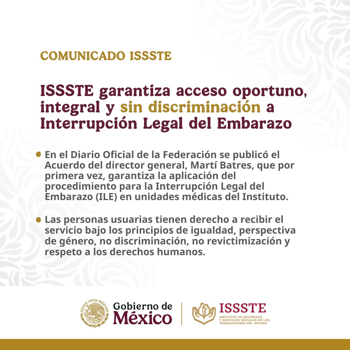 📰 #ComunicadoISSSTE | Se publicó en el <a href="/DOF_SEGOB/">Diario Oficial DOF</a> 📜, el acuerdo del director general del #ISSSTE, <a href="/martibatres/">Martí Batres</a>, que establece la aplicación del procedimiento para la Interrupción Legal del Embarazo (ILE) en las unidades médicas del Instituto. 🙌🏼