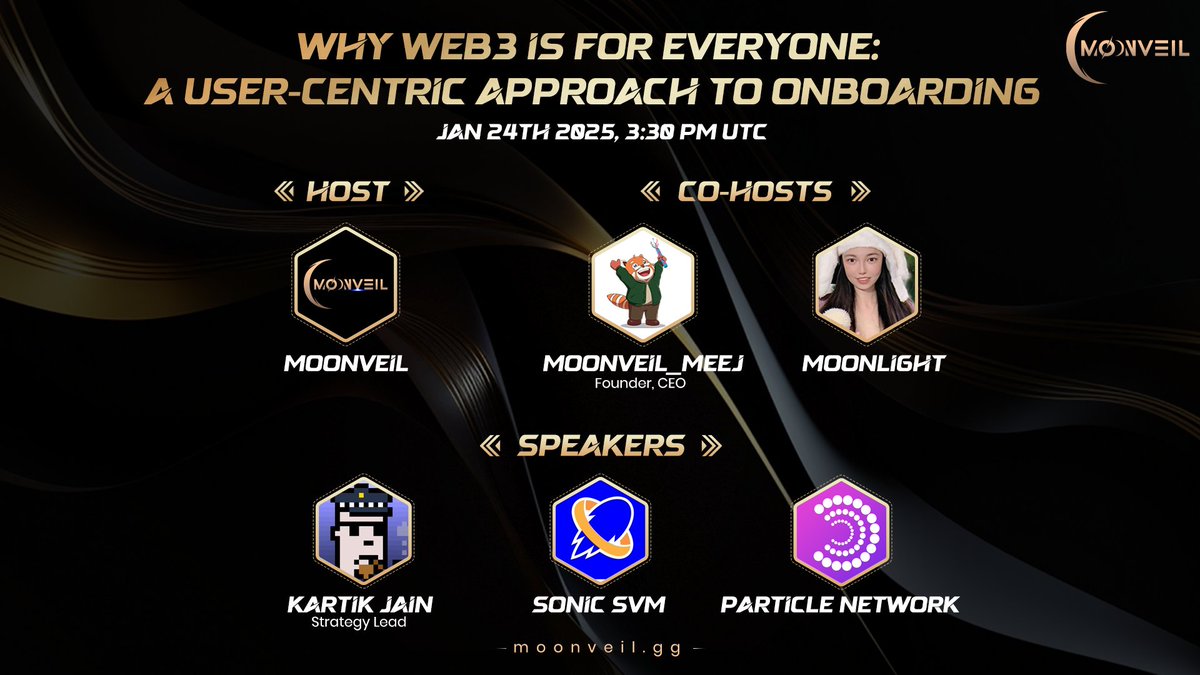 Moonveil.gg (@moonveil_studio) on Twitter photo 🚀 WHY WEB3 IS FOR EVERYONE - A User-Centric Approach to Onboarding🚀
🌍 Join us for an exciting AMA to dive into Web3!
📅 Jan 24, 2025
🕒 3:30 PM UTC
🎙️ Cohost: <a href="/Moonveil_Meej/">Moonveil_Meeej</a> <a href="/Moon1ightSt/">Moonlight🌙月光 🐥 🔱</a>
🎙️ Speaker: <a href="/DarcyAsks/">Darcy</a> <a href="/TABASCOweb3/">TABASCOweb3</a> <a href="/IAMDOXE/">Department of X Efficiency</a> 🎁 Four lucky participants who ask 🚀 WHY WEB3 IS FOR EVERYONE - A User-Centric Approach to Onboarding🚀
🌍 Join us for an exciting AMA to dive into Web3!
📅 Jan 24, 2025
🕒 3:30 PM UTC
🎙️ Cohost: <a href="/Moonveil_Meej/">Moonveil_Meeej</a> <a href="/Moon1ightSt/">Moonlight🌙月光 🐥 🔱</a>
🎙️ Speaker: <a href="/DarcyAsks/">Darcy</a> <a href="/TABASCOweb3/">TABASCOweb3</a> <a href="/IAMDOXE/">Department of X Efficiency</a> 🎁 Four lucky participants who ask