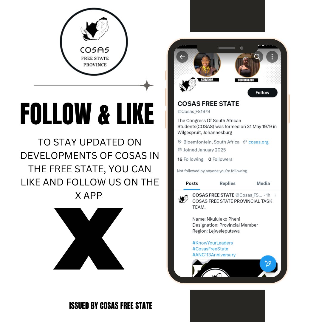Cosas_FS1979's tweet photo. MEDIA ALERT.

To Stay Updated on matters of COSAS in the Free State Province. You can follow us on X: Official: Cosas Free State

Link: https://t.co/oEvXfrw7m0

#CosasFreeState
#ANC113
#BackToSchool https://t.co/amGmD1m6XP