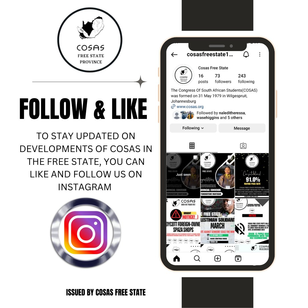 Cosas_FS1979's tweet photo. MEDIA ALERT.

To Stay Updated on matters of COSAS in the Free State Province. You can follow us on INSTAGRAM: Cosas Free State

Link: https://t.co/aRdJlMwYHE

#CosasFreeState
#ANC113
#BackToSchool https://t.co/grFhdeAFD3