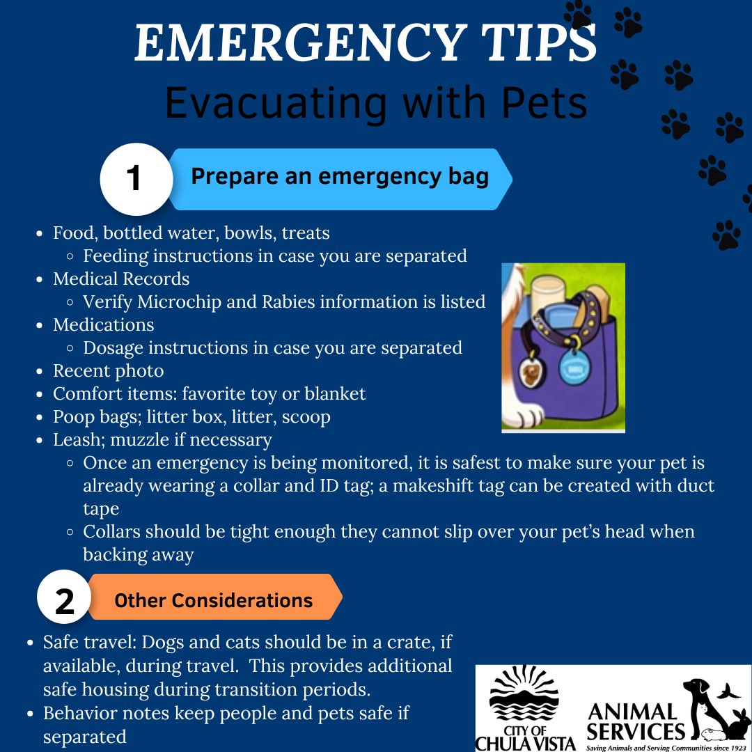 thinkchulavista's tweet image. The City of Chula Vista is closely monitoring the #Border2fire. With an abundance of caution, we follow up on Tippy's Tips with a quick guide for your pet's Emergency Go Bag. We ask families to be proactive and continue to monitor.