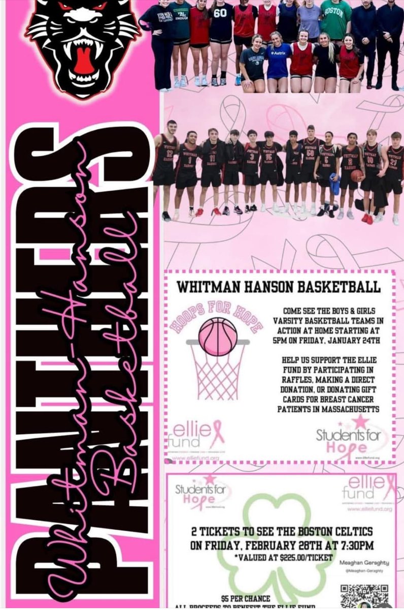 WHathletics's tweet image. The boys and girls basketball teams host Plymouth North in a big girl doubleheader tomorrow in a game that will be dedicated to raise money for the Ellie Fund as we remember all those who’s life has been affected by breast cancer.  All students who arrive by 5pm get in free.