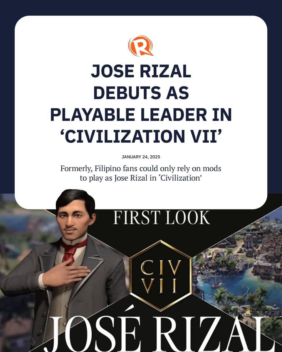 rapplerdotcom's tweet photo. It has finally happened for Filipino fans of the world’s most popular 4X strategy game "Civilization": Jose Rizal will finally be a selectable leader in the game. 

READ MORE: https://t.co/WqrMfSueu6 https://t.co/0IzEJNZxNt