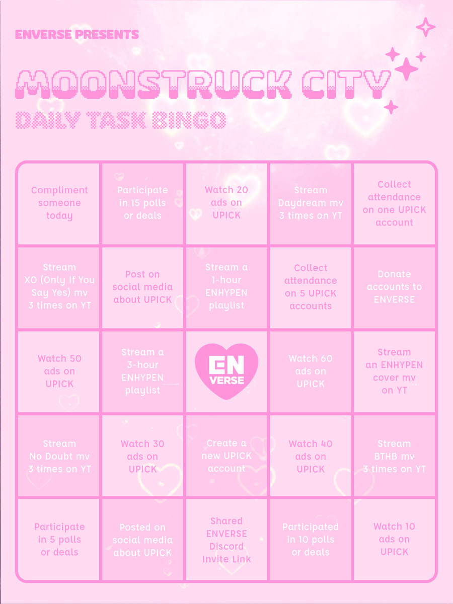 enversediscord's tweet photo. [✨] daily task bingo
˚₊ · »-♡→ january 24, 2025 ˚₊ ·

engenes, how's your collection looking??

🤍 complete 4 daily tasks
🏷️ post with the tags #ENonUPICK #ENVERSEBattle + city tag

let us know below! 👇 https://t.co/vgzipIhq5K
