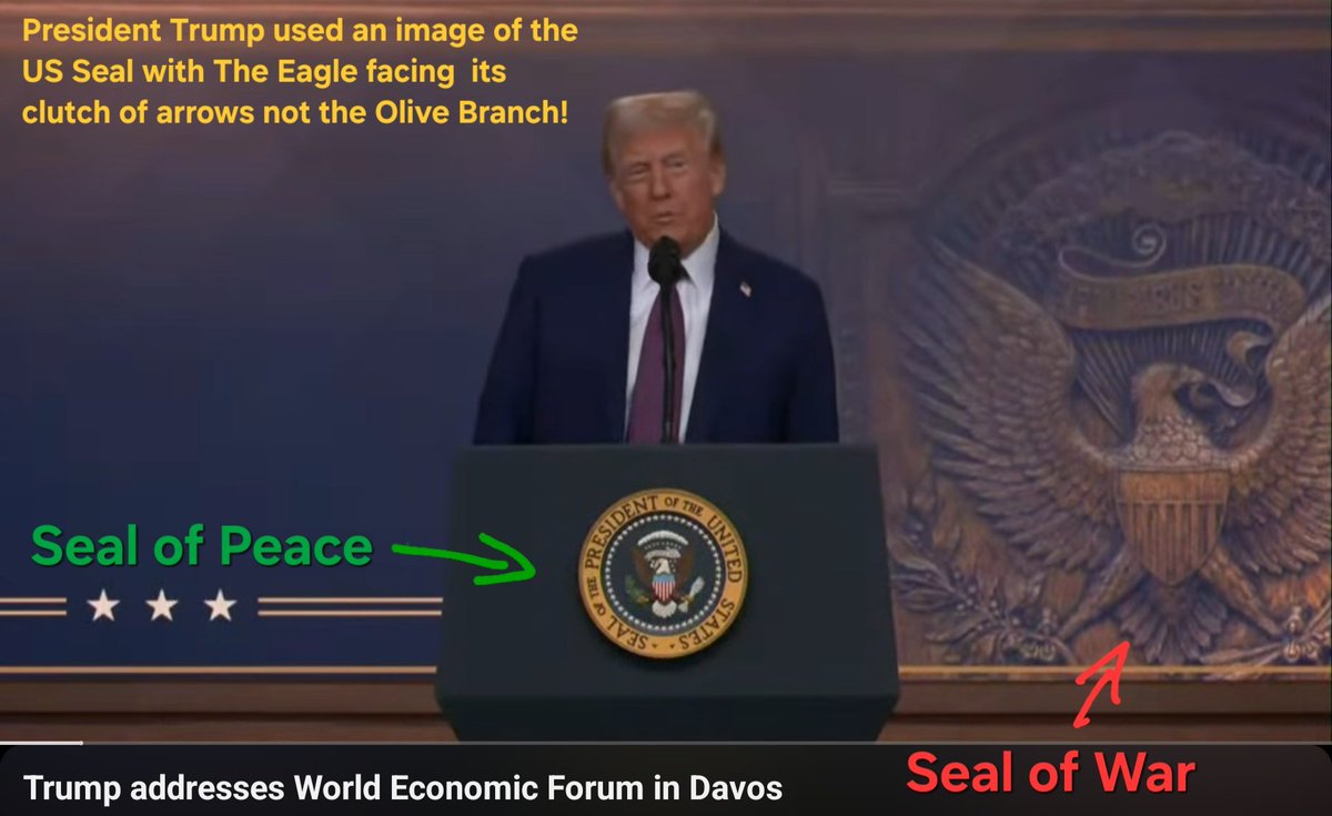 RealJesseYoung's tweet photo. Did anyone notice that President Trump, while addressing the World Economic Forum, used a background image of the US Seal that signifies war instead of peace? https://t.co/TAbf2Autvm