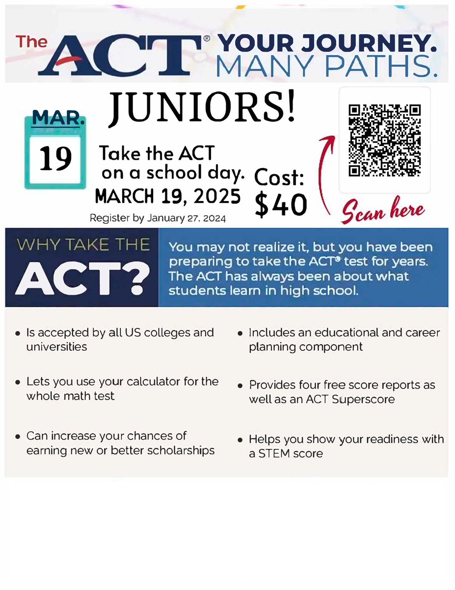 RHSTesting_'s tweet photo. MONDAY is the deadline for JUNIORS to sign up for ACT School Day! 
@RHSCounselors5 @RudderHS_BISD https://t.co/POl0505nU2