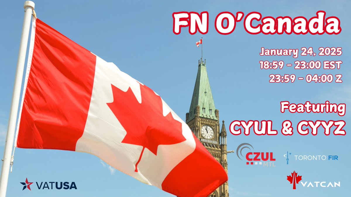 A reminder that Toronto &amp; Montreal welcome Friday Night Ops to their airspace coming right up!

We'll also have staffing from our neighbours (note the spelling 😇) in <a href="/vatsimusa/">VATUSA - United States Division of VATSIM</a> too!

Details:
vats.im/can/fno
