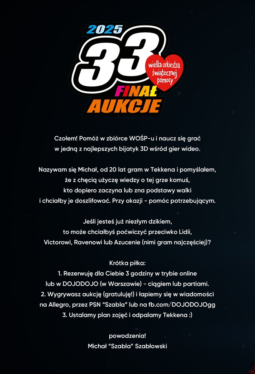 Szablasty's tweet photo. Wystawiłem na aukcję @fundacjawosp  3 godziny nauki (lub gry) @TEKKEN-a  ze mną. Jeśli dopiero zaczynasz przygodę z najlepszym mordobiciem 3D lub wracasz po wielu latach, to jest to oferta dla Ciebie 🙂

od 100 zł: https://t.co/RUIrklzj3G https://t.co/wt0JpN9Vka