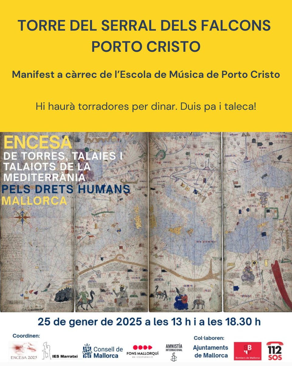 Ajuntament de Manacor (@ajmanacor) on Twitter photo 🌟 ENCESA DE TORRES, TALAIES I TALAIOTS DE LA MEDITERRÀNIA PELS DRETS HUMANS 🌟  
📍 Torre del Serral dels Falcons, Porto Cristo  
📅 25 de gener de 2025  
🕐 A les 13 h i a les 18.30 h 
. 
. 
.
#DretsHumans 🌟 ENCESA DE TORRES, TALAIES I TALAIOTS DE LA MEDITERRÀNIA PELS DRETS HUMANS 🌟  
📍 Torre del Serral dels Falcons, Porto Cristo  
📅 25 de gener de 2025  
🕐 A les 13 h i a les 18.30 h 
. 
. 
.
#DretsHumans