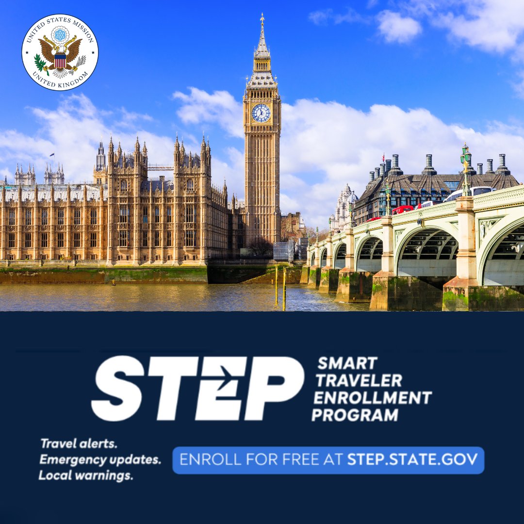 USAinUKConsular's tweet image. #USCitizens planning to travel to the United Kingdom in 2025! Stay one STEP ahead by enrolling in the Smart Traveler Enrollment Program (STEP) before traveling. This will help U.S. Embassy London, U.S. Consulate General Edinburgh, and U.S. Consulate General Belfast reach you in…