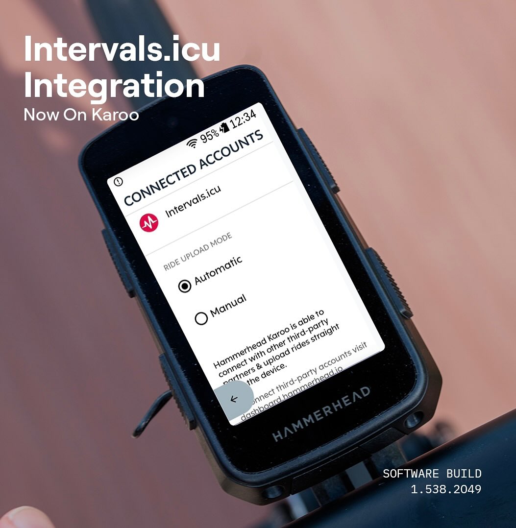 Hammerhead Karoo now seamlessly connects to Intervals.icu and syncs your rides and workouts. Update your Karoo to unlock the connection! #Karoo #cycling