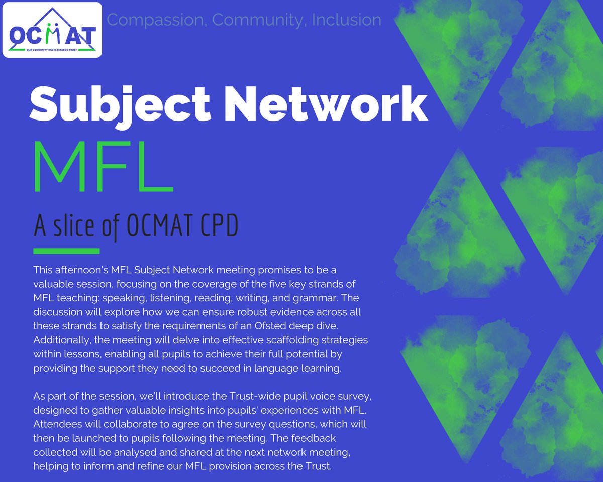 Looking ahead to our MFL Subject Network meeting, where we’ll focus on ensuring robust coverage of the five strands of MFL—speaking, listening, reading, writing, and grammar. We’ll also explore effective scaffolding strategies and launch a Trust-wide pupil voice survey.

#MFL