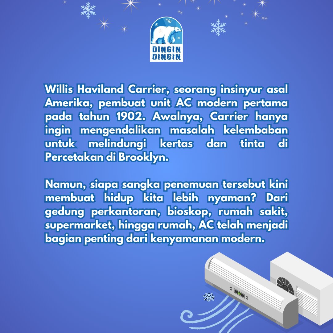 dingindingin_dp's tweet image. Tahukah kamu siapa pembuat AC modern pertama pada tahun 1902? 👀

▶️ WhatsApp: 0811-1660-1651
▶️ Instagram, Tiktok &amp;amp; Facebook: dingindingin.dpku
▶️ X: dingindingin_dp
▶️ YouTube: dingindingin_dpku 

#DinginDinginDPKU #serviceac #cuciac #perawatanac #jabodetabek #daikin #carrier