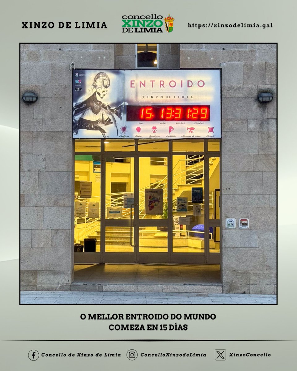 🎭 O MELLOR ENTROIDO DO MUNDO COMEZA EN 15 DÍAS! 🎭

Quedan só 15 días e unhas horas para que chegue a nosa festa por excelencia. A conta atrás da Praza Carlos Casares é clara: o Entroido está á volta da esquina!

O Entroido de Xinzo non se conta, vívese!