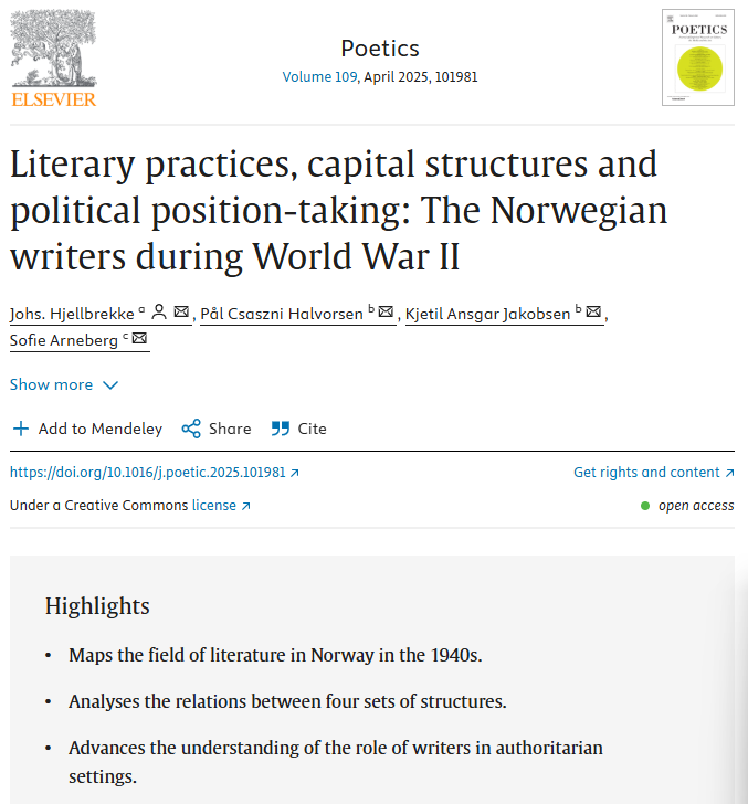 Paalhal's tweet photo. How do writers respond to authoritarian developments? Are they canaries in the coal mine? In this new article we research the case of the response of writers to the German occupation of Norway, 1940–45.  Historical sociology meets sociology of literature! OA, link in next https://t.co/g6AmPrHALS