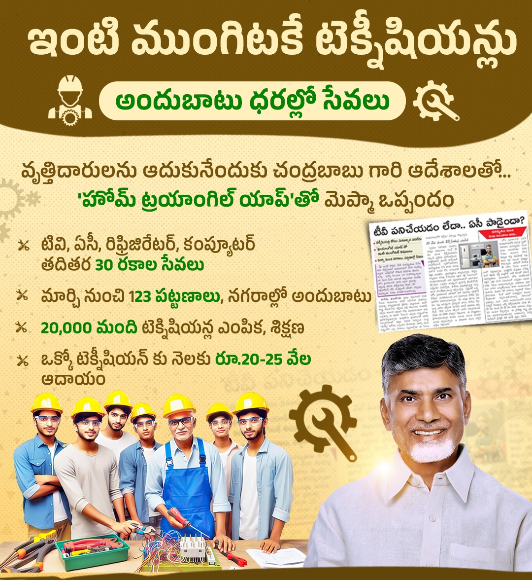 Jakkamsett34234's tweet photo. మీ ఇంట్లో టివి, ఏసీ, రిఫ్రిజిరేటర్, కంప్యూటర్ వంటివి పాడైతే ఒక్క యాప్ తో మీ ఇంటి ముందుకే ప్రభుత్వ అధీకృత టెక్నీషియన్ ను పిలిపించుకోవచ్చు. యూనిఫామ్ తో పాటు ఐడి కార్డుతో హాజరయ్యే ఈ 20,000 మంది టెక్నిషియన్లను మెప్మా ఎంపికచేసి వారికి శిక్షణ ఇస్తోంది. #IdhiManchiPrabhutvam #Chandraba https://t.co/wyzLKDpp36