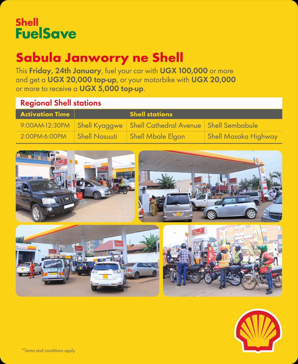 Fwallu1920's tweet photo. The #SabulaJanWorryNeShell promo is still ongoing at different Shell Stations country wide 

Visit these Shell Stations to be part of

9:00AM-12:30PM
Shell stations
Shell Kyaggwe
Shell Cathedral Avenue
Shell Sembabule
2:00PM-6:00PM
Shell Nasuuti
Shell Mbale Elgon
Shell Masaka Highway