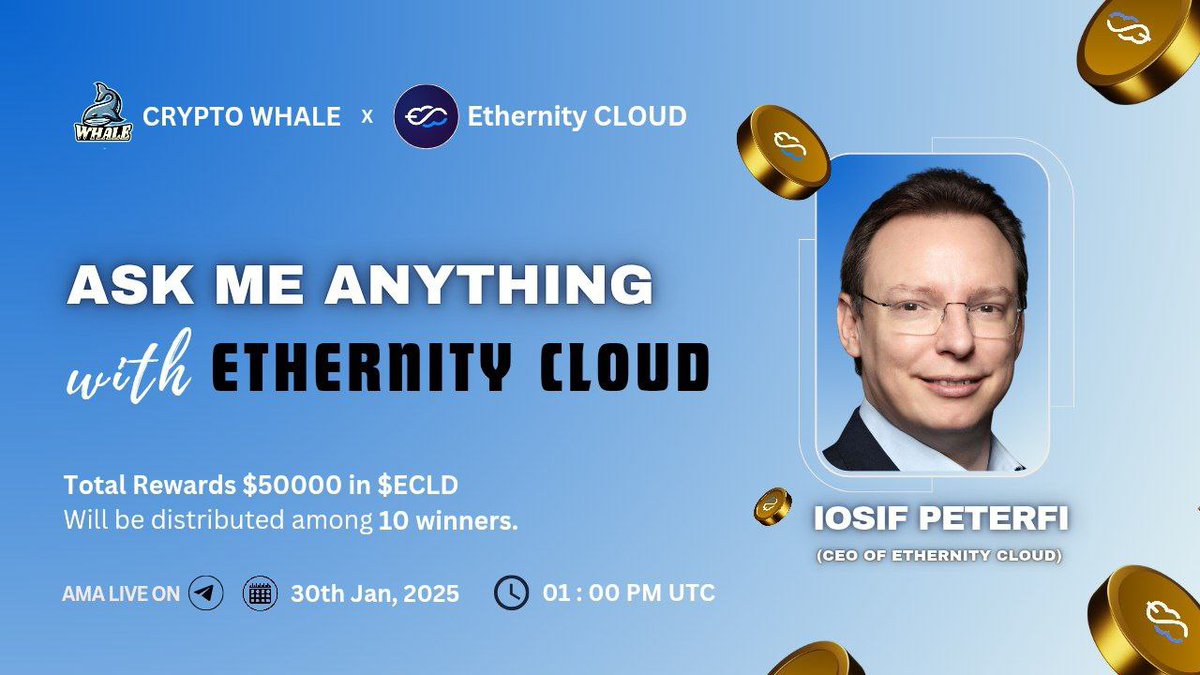 CryptoWhale1988's tweet photo. 🎙️Join us for the TelegramVoiceAMA series with #EthernityCLOUD
🕰️ Date: 30th January 2025, 1:00 PM UTC
🏆 Prize: 50K ECLD
🏠 Venue: https://t.co/EDXNs4qRvw
〽️Rules:
1️⃣ Follow @Cryptowhale1988 & @Ethernity_cloud
2️⃣ Like & RT
3️⃣ Comment your Questions (Max 3)
4️⃣ Tag 3 Friends https://t.co/2dR4GF81n7