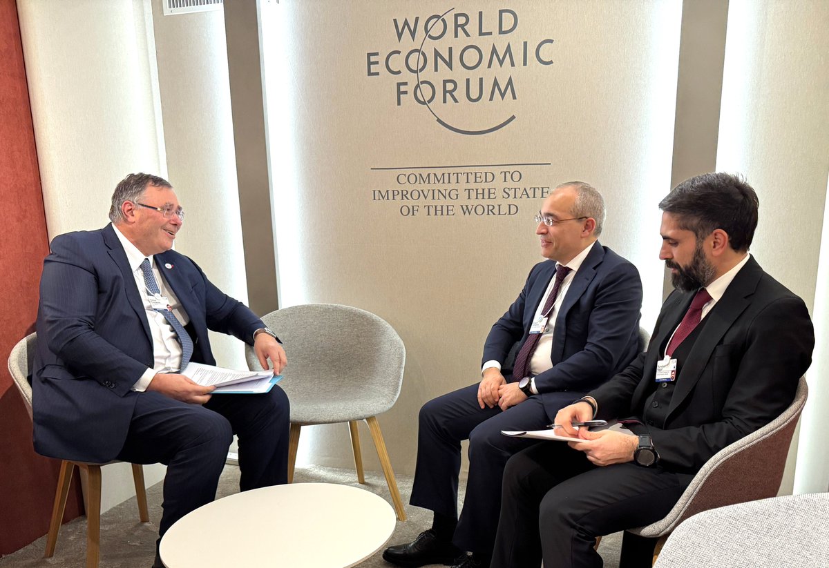 MikayilJabbarov's tweet photo. Within the framework of the Davos Economic Forum (@wef), together with Rovshan Najaf (@RovshanNajaf), President of #SOCAR (@SOCARofficial), we met with Patrick Pouyanné (@PPouyanne), CEO of @TotalEnergies. Our discussions focused on #greenenergy, decarbonization, the deployment of innovative technologies, #energy storage systems, ongoing projects, and prospects for further cooperation.

#WEF25 #EconomyAz