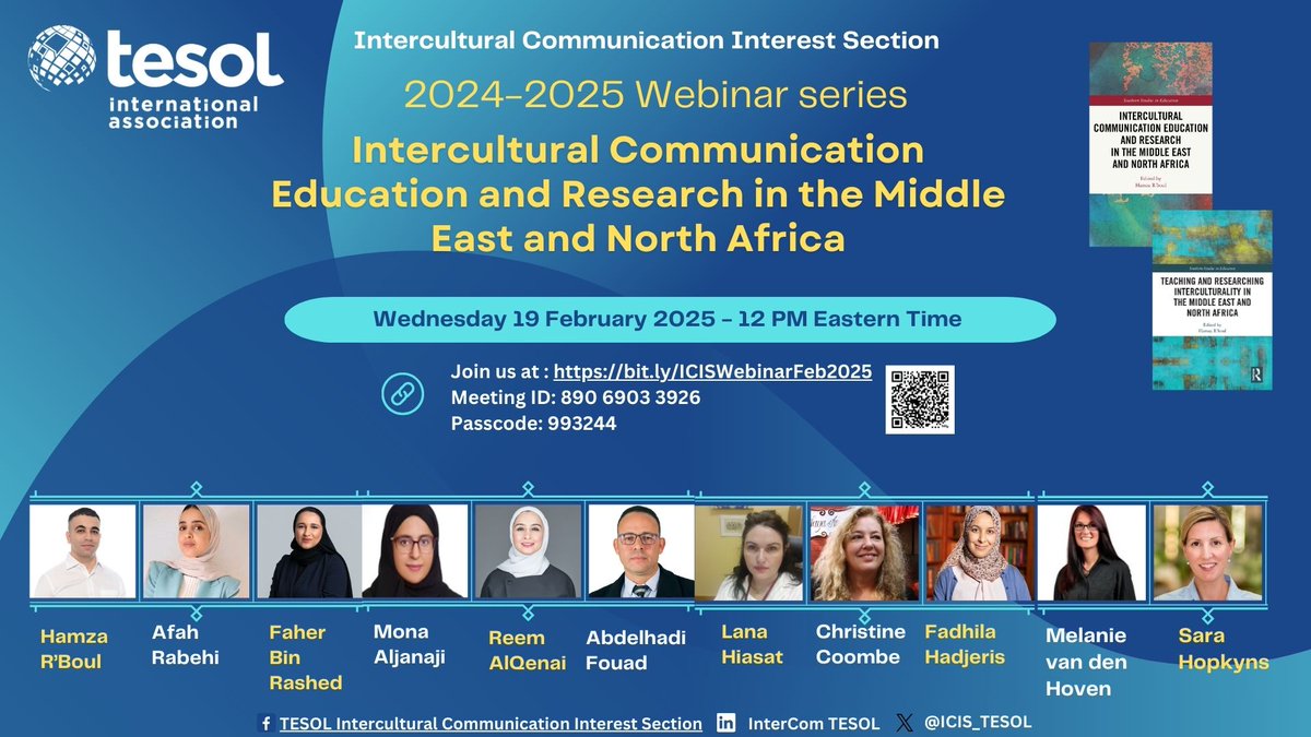 You are welcome to join us for the next TESOL ICIS webinar.

𝐃𝐚𝐭𝐞/𝐓𝐢𝐦𝐞: Wednesday 19 February 2025 at 5 p.m. (GMT)/8 p.m. (KSA)/12 p.m. (EST)

𝐉𝐨𝐢𝐧 𝐮𝐬 𝐚𝐭: bit.ly/ICISWebinarFeb…
Meeting ID: 890 6903 3926
Passcode: 993244
