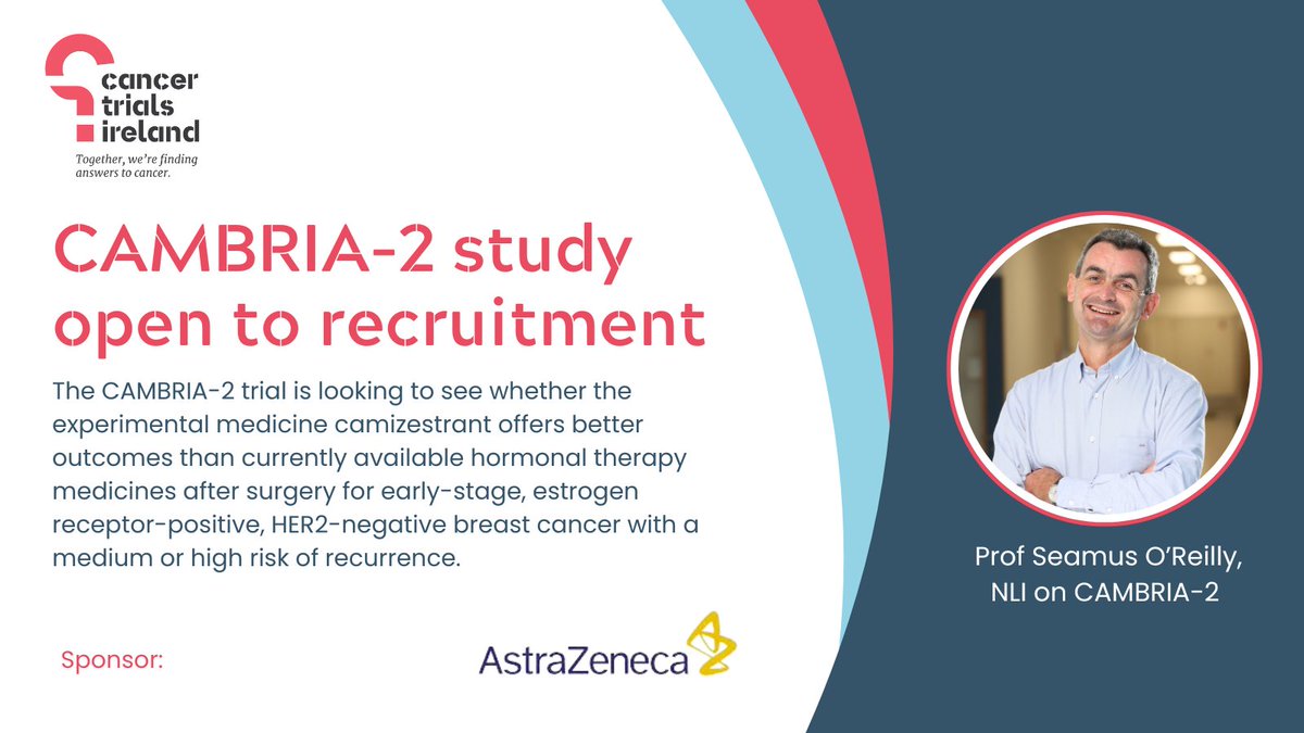 🚨 The CAMBRIA-2 #BreastCancer trial, sponsored by <a href="/AstraZeneca/">AstraZeneca</a>, is now open at <a href="/svuh/">St Vincent's University Hospital (SVUH)</a>, <a href="/MaterTrials/">Cancer Trials Mater</a>, and <a href="/CancerCentreIre/">Beaumont RCSI Cancer Centre</a>. 

Congrats to site PIs <a href="/mhigginsonc/">Michaela Higgins</a>, <a href="/PatrickGMorris/">Patrick Morris</a>, <a href="/geosullivanc/">Geraldine O'Sullivan Coyne</a> &amp; Prof Cathy Kelly, &amp; NLI <a href="/Seamusoreilly18/">Seamus O’Reilly MD PhD</a> 

Learn more: bit.ly/3C4eM4W