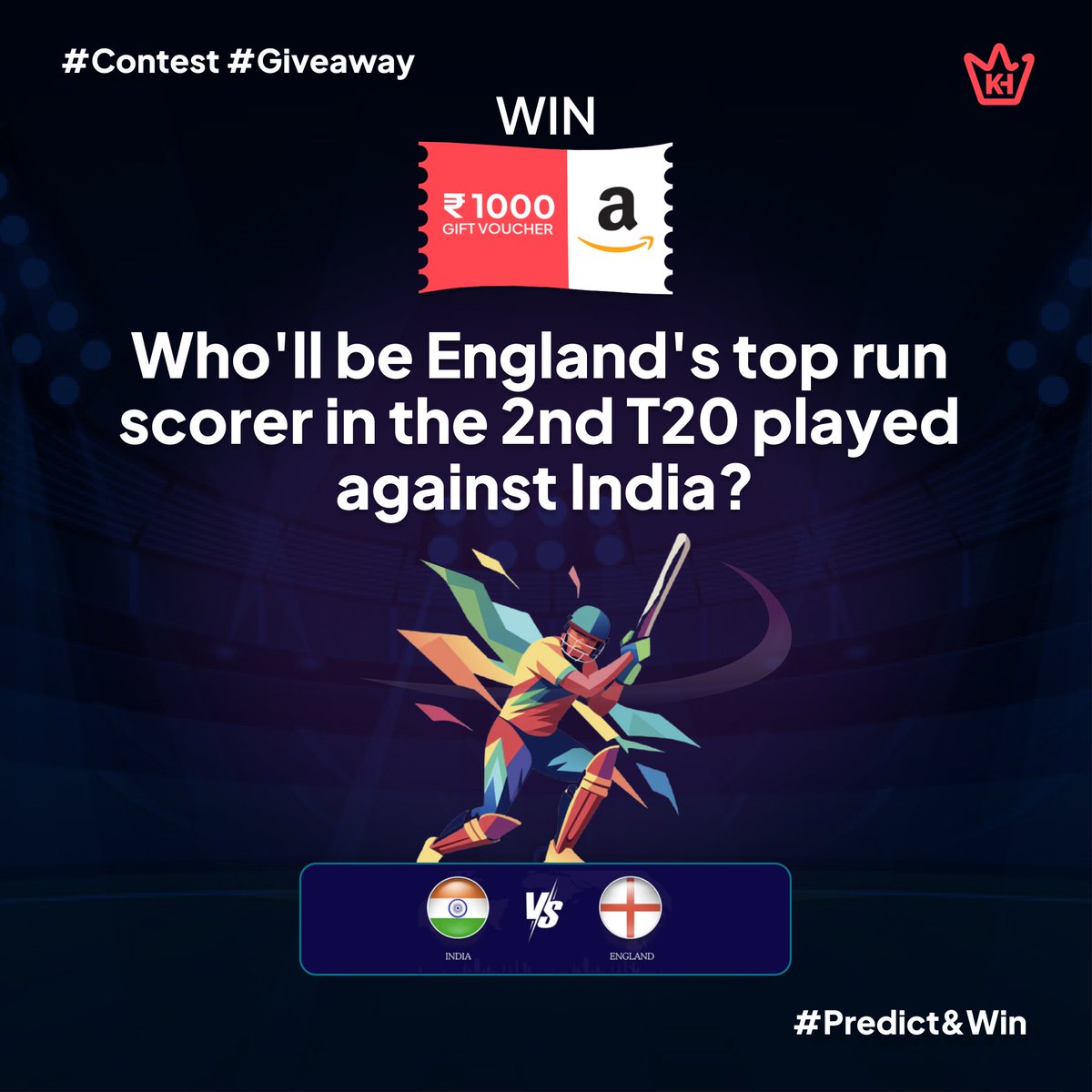KOTHGaming_'s tweet photo. #ContestAlert #Giveaway  Predict #England's top run scorer in the 2nd T20 against #India & win 5 Amazon vouchers worth 1000/-. All you have to do is:-              
1. Follow @KOTHGaming_ 

2. Comment with your prediction use #KOTHGaming 

3: Tag your friends and ask them to follow KOTH Gaming

4. LIKE, SHARE, Bookmark this post                       

Contest ends 7 pm on 25th Jan

 #cricket #CricketTwitter #Cricket24 #cricketupdates #cricketnews #contest #GiveawayAlert #giveawaywoman #giveawayUSER #INDvENG #INDvsENG #ENGvIND #ENGvsIND #India #SuryakumarYadav #cricketnation 

*T&C Apply