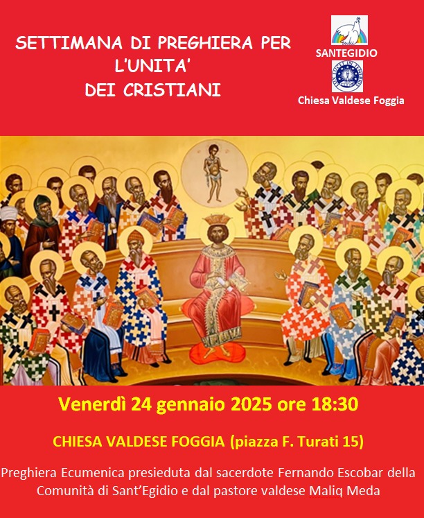 FoggiaValdese's tweet photo. Oggi #24gennaio, presso il nostro Tempio, si svolgerà la quarta giornata di preghiera per l' unità dei cristiani con il pastore Maliq Meda e il sacerdote Fernando Escobar della Comunità di Sant'Egidio.
Siete tutti/e benvenuti/e
#SPUC #ChiesaValdese #Foggia https://t.co/XYhoNnOLxZ