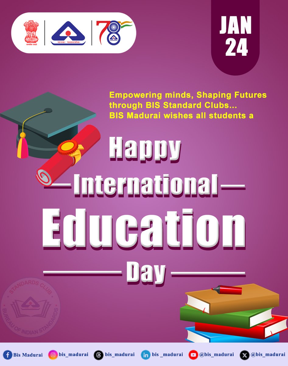 Bureau of Indian Standards l Madurai (@bis_madurai) on Twitter photo Empowering minds, Shaping Futures through BIS Standard Clubs... BIS Madurai wishes all students a Happy International Education Day <a href="/IndianStandards/">Bureau of Indian Standards</a> Empowering minds, Shaping Futures through BIS Standard Clubs... BIS Madurai wishes all students a Happy International Education Day <a href="/IndianStandards/">Bureau of Indian Standards</a>