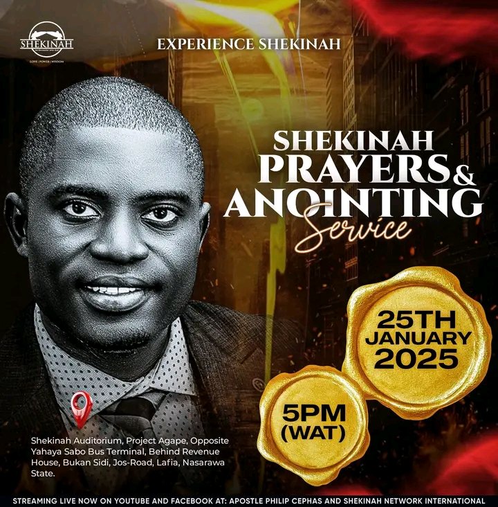 “Is anyone among you sick? Let him call for the elders of the church, and let them pray over him, anointing him with oil in the name of the Lord
James 5:14 (KJV) 

With Jesus joy in our hearts we want to invite you to Shekinah Prayer and Anointing Service With Apostle Philip Ceph