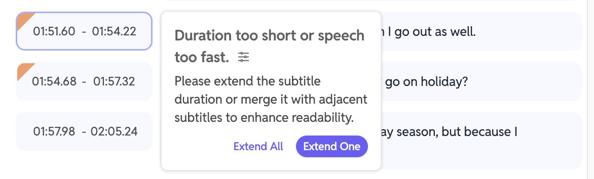SubEasy_AI's tweet image. 🎉 New on SubEasy: Subtitle Timing Fix
Get alerts for rushed or short subtitles! Automatically adjust timing or merge with nearby lines for smooth, readable subtitles.

👉 Try now: subeasy.ai
#SubEasy #SubtitleEditing #AITranscription