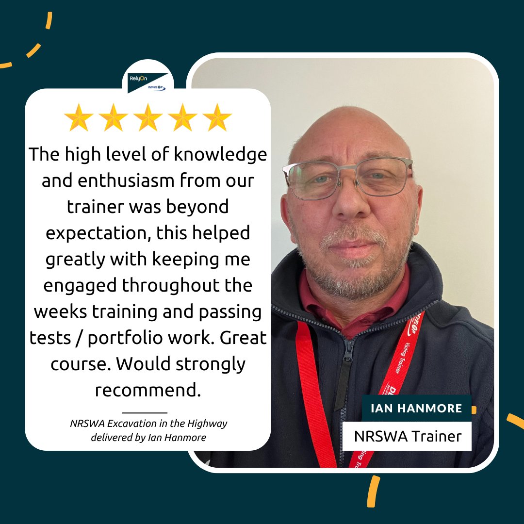 DevelopTraining's tweet image. Celebrating excellence! Ian Hanmore is one of RelyOn Develop's streetworks trainers.
In 2023, Ian made the transition into training and this has proven a hit by delegates, receiving rave reviews like these.
Read about Ian &amp;gt; hubs.li/Q0336W3F0
#MeetTheTeam #Streetworks #NRSWA