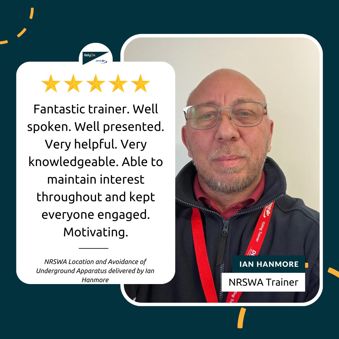 DevelopTraining's tweet image. Celebrating excellence! Ian Hanmore is one of RelyOn Develop's streetworks trainers.
In 2023, Ian made the transition into training and this has proven a hit by delegates, receiving rave reviews like these.
Read about Ian &amp;gt; hubs.li/Q0336W3F0
#MeetTheTeam #Streetworks #NRSWA