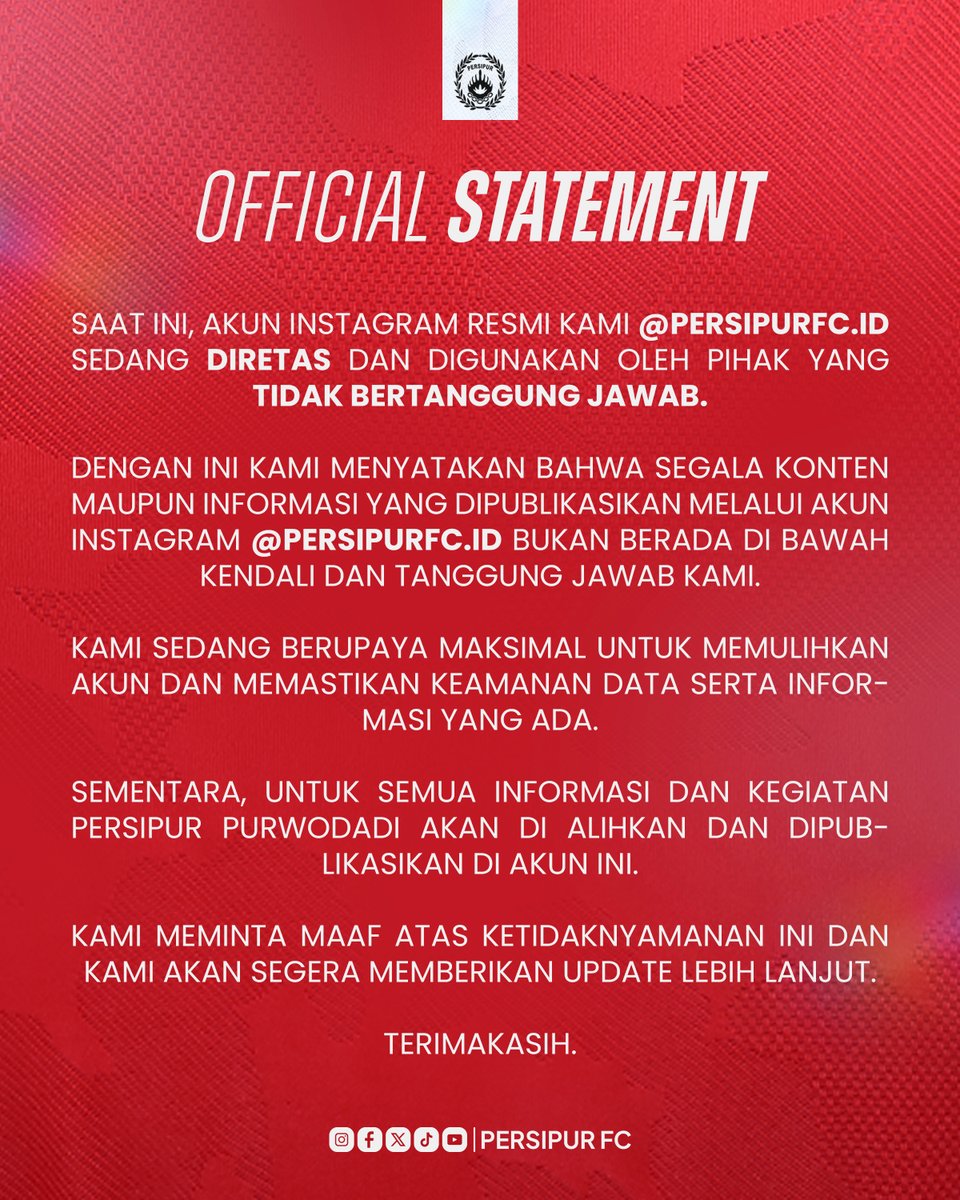 persipurfcid's tweet photo. Official Statement! 🚨

#Persipur #LaskarPetir https://t.co/Vbyz4F0WzK