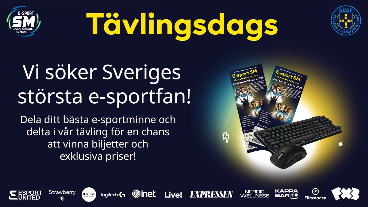 svenskesport's tweet photo. Imorgon börjar kvalen till E-sport SM 2025 – nu söker vi Sveriges största e-sportfan! 📢 

Dela ditt bästa e-sportminne som en kommentar och delta i vår tävling för en chans att vinna biljetter och exklusiva priser! ✨ 

#Svenskesport #EsportSM #ESportSM2025 #Tävling https://t.co/sHau4gMS4R