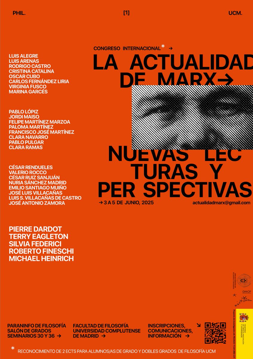 En junio tendrá lugar en la UCM este Congreso Internacional sobre la actualidad de Marx. 
El cartel, como podéis ver, es de infarto. Eagleton, Federici, Dardot, Heinrich...

✴️Call for Papers ABIERTO. Info e inscripciones aquí:
eventos.ucm.es/123241/section…

¡Difundid! Os esperamos.