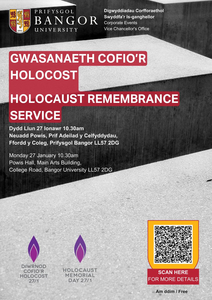 Diwrnod cofio'r Holocost

Cynhelir gwasanaeth i nodi Diwrnod Cofio'r Holocost 2025 yn Neuadd Powis, Prif Adeilad y Celfyddydau, Ffordd y Coleg, Bangor rhwng 10.30 ac 11.30 o'r gloch y bore, ddydd Llun 27 Ionawr.

Mwy o wybodaeth: bit.ly/40rmle1