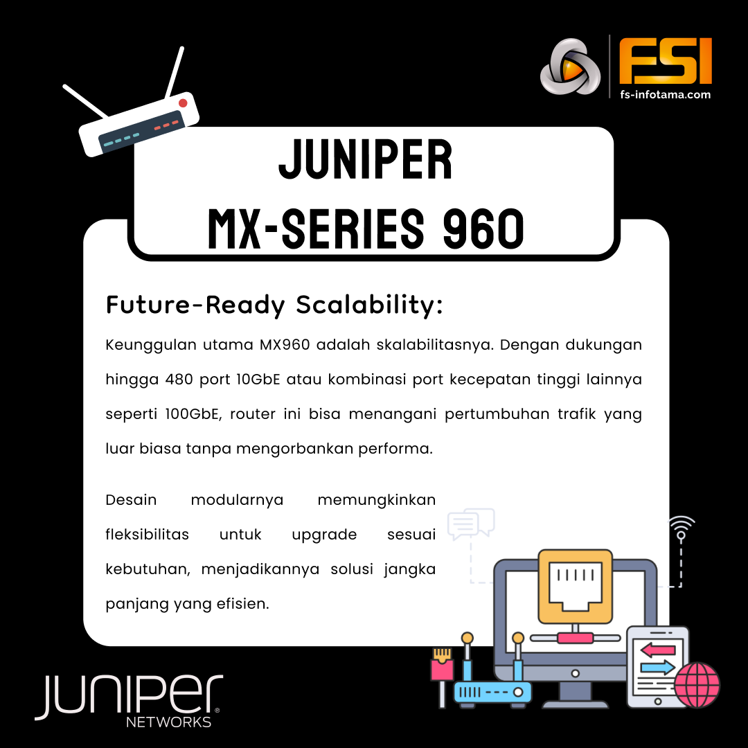 fsinfotama's tweet image. Juniper MX960 sangat direkomendasikan untuk lingkungan ISP karena menawarkan kapasitas throughput hingga 12 Tbps, mendukung layanan jaringan skala besar, dan dirancang untuk efisiensi serta keandalan tinggi. 
#JuniperMX960 #ISPNetworking #ScalableRouting