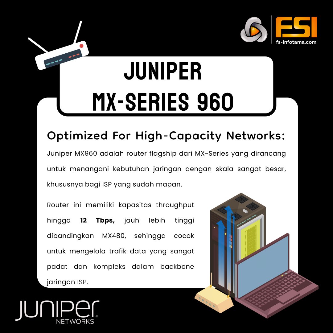 fsinfotama's tweet image. Juniper MX960 sangat direkomendasikan untuk lingkungan ISP karena menawarkan kapasitas throughput hingga 12 Tbps, mendukung layanan jaringan skala besar, dan dirancang untuk efisiensi serta keandalan tinggi. 
#JuniperMX960 #ISPNetworking #ScalableRouting